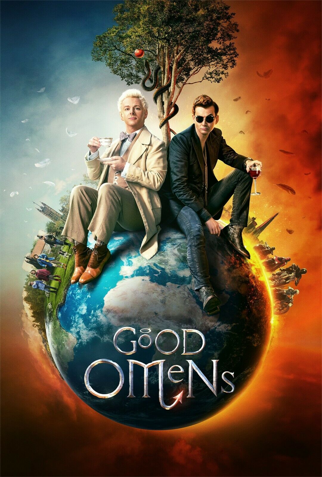good omens poster angel and devil sat on the earth