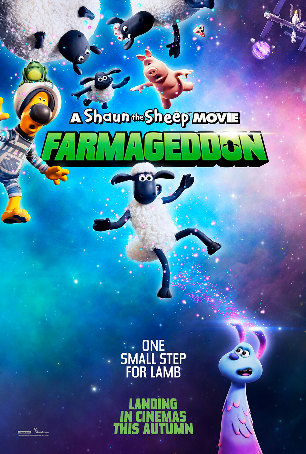 film poster showing animated sheep and aliens in space