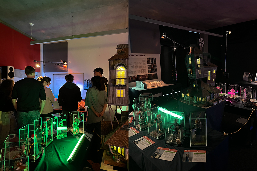 students looking at puppet and models