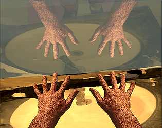 still from game showing pair of hands reflected in a mirror