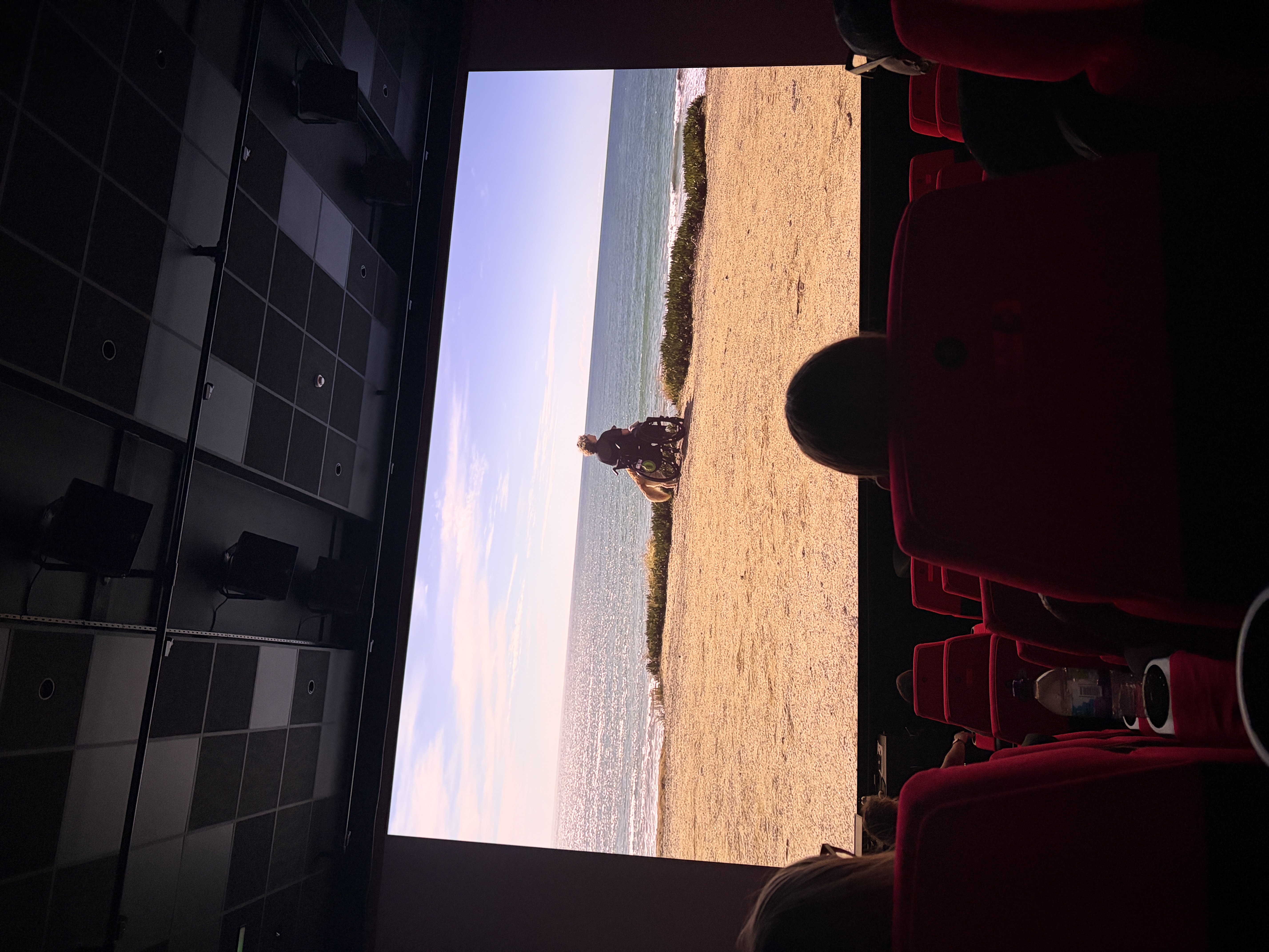cinema screen with woman in wheelchair on the beach