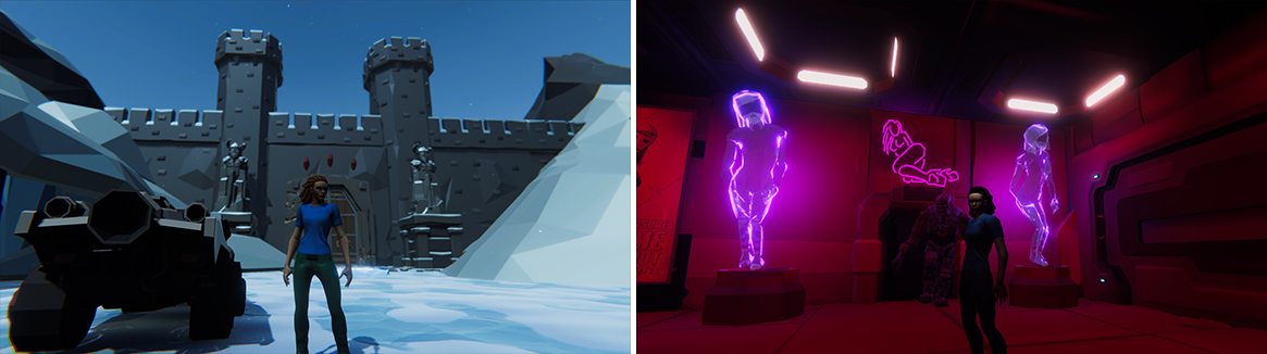 Stills from game showing character in snowy environment and inside a club