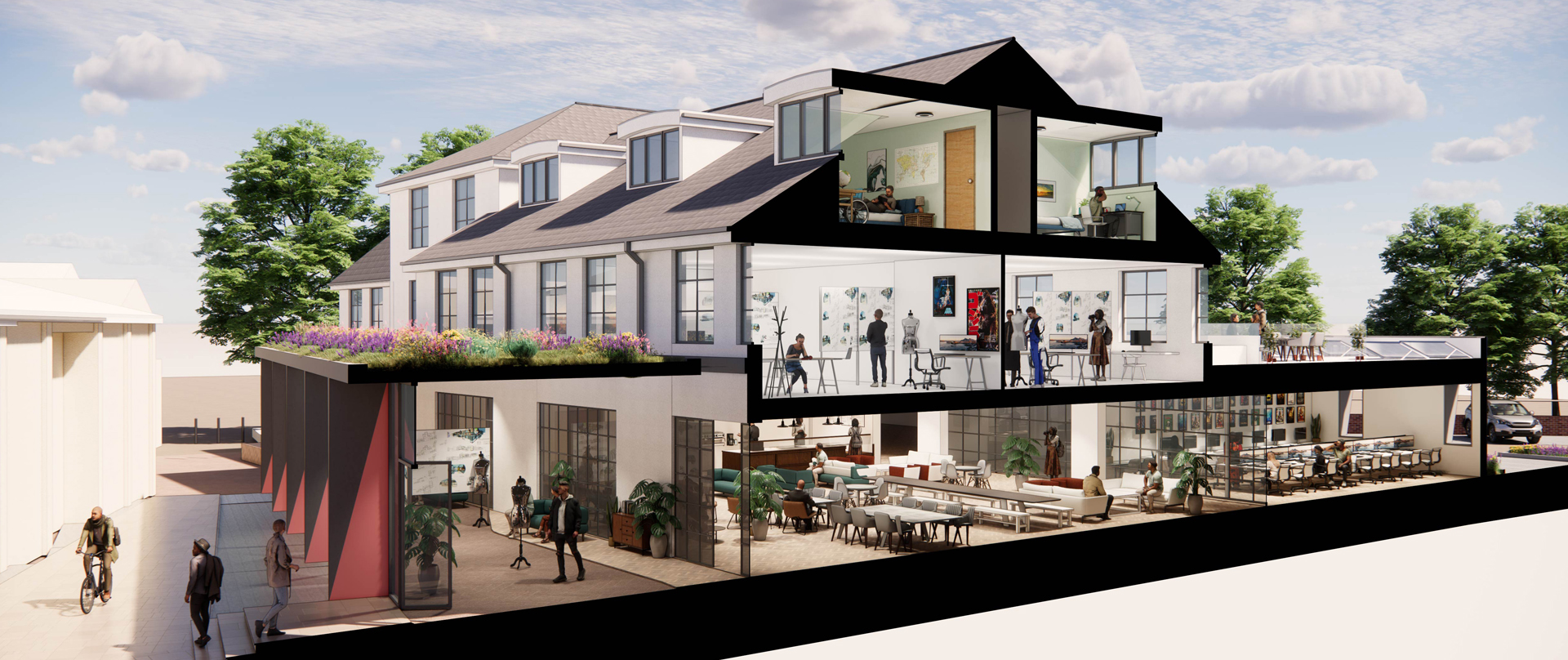 Rendered cut-through section of new building