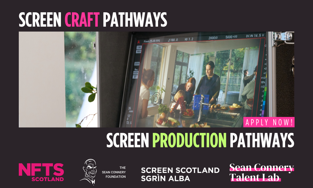 "Screen Craft Pathways. Screen Production Pathways." Partner logos. Image of camera monitor showing family in kitchen.