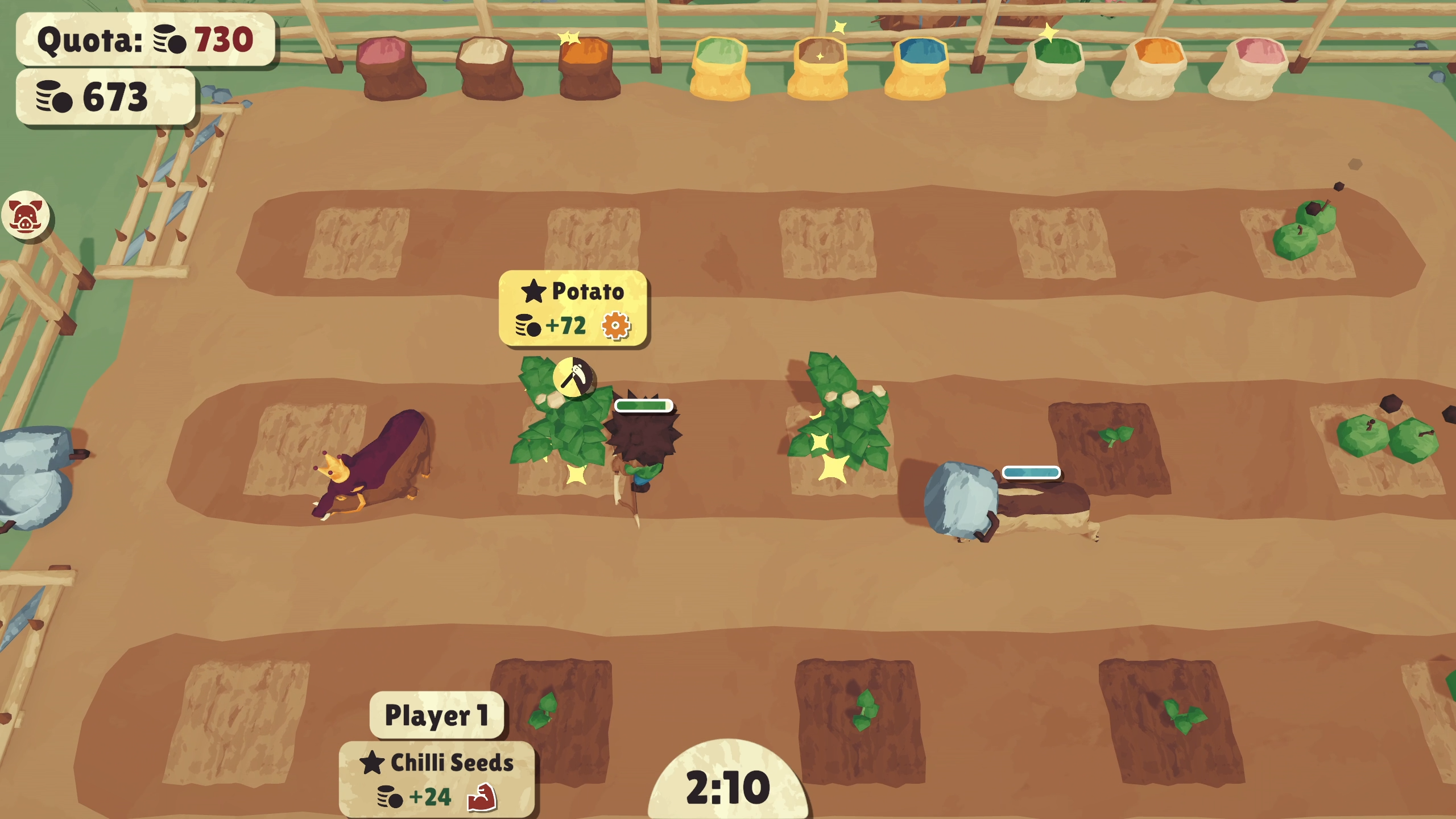 screenshot from game showing farmers defending farm from wild boars