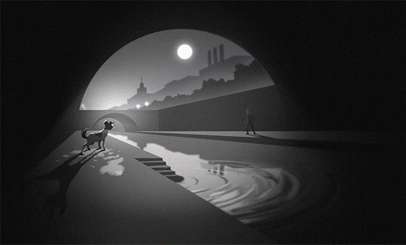 Concept art showing dog by river looking at moon in background