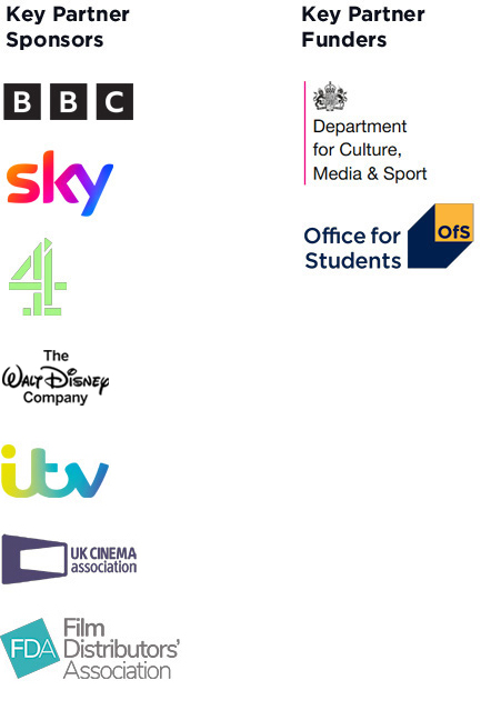 Logos for BBC, Sky, CH4, Disney, ITV, UKCA, FDA, DCMS, Office For Students