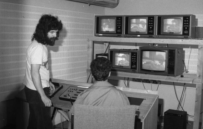 Students in the TV gallery in the 1970s