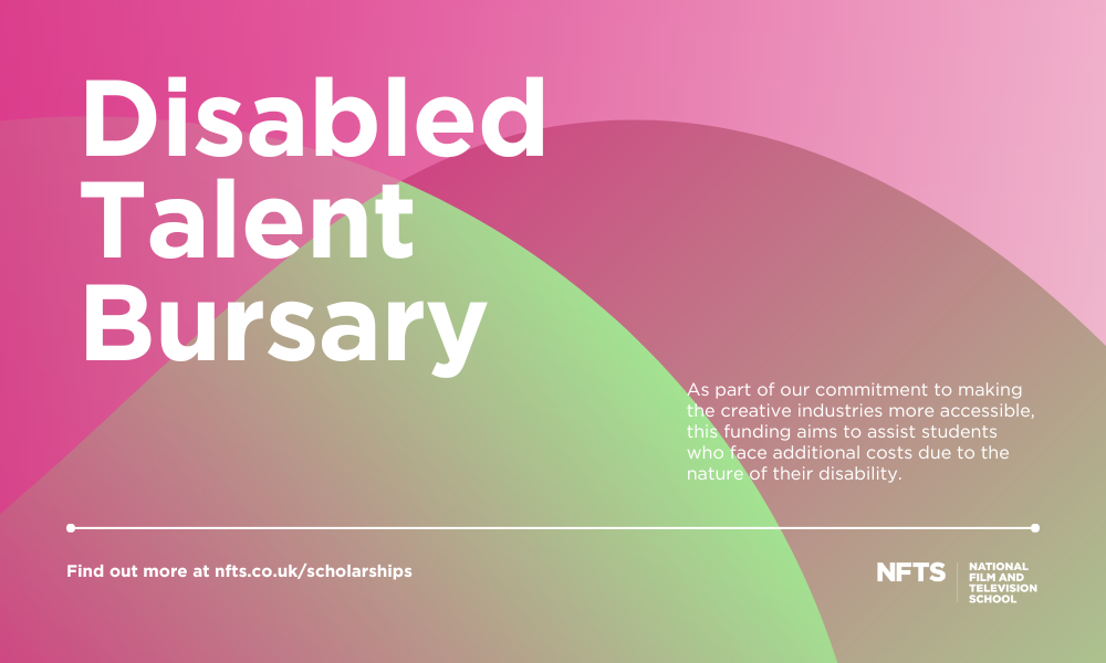 Pink and green graphic highlighting text on page "As part of our commitment to making the creative industries more accessible, this funding aims to assist students who face additional costs due to the nature of their disability."