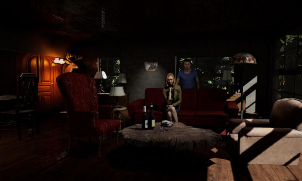 Previs of a dark room with two people