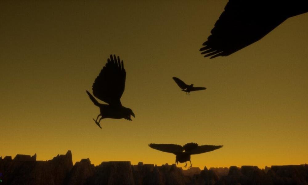 animation of black crows in yellow sky