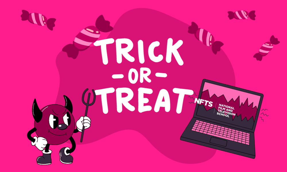 trick or treat with cute demon character and broken computer