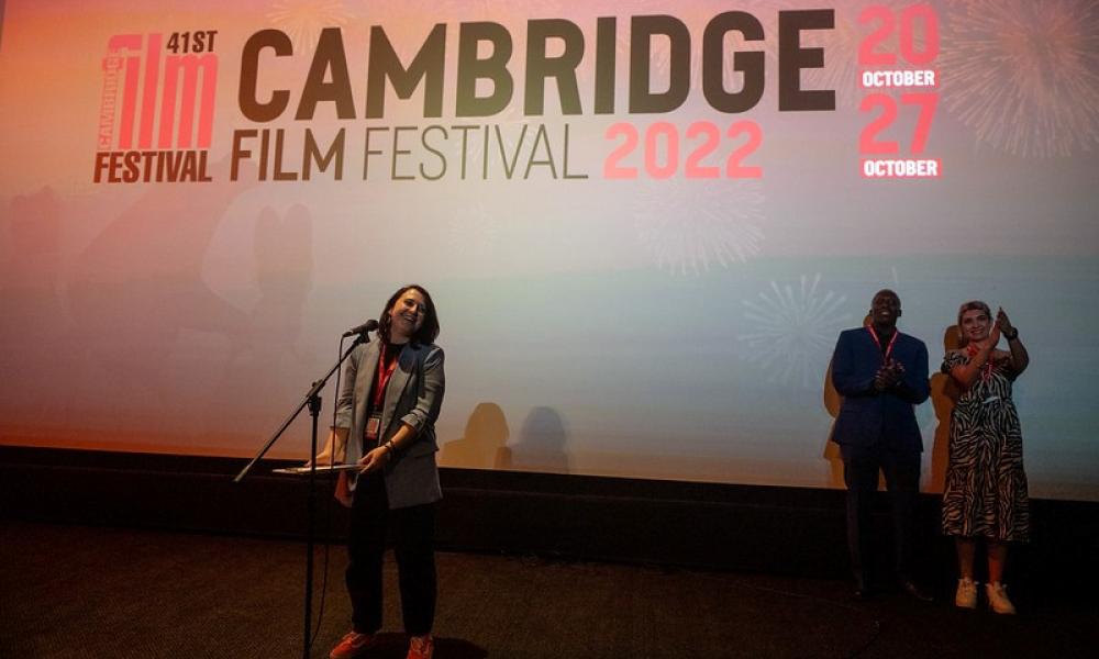 Elle Haywood on stage at Cambridge Film Festival